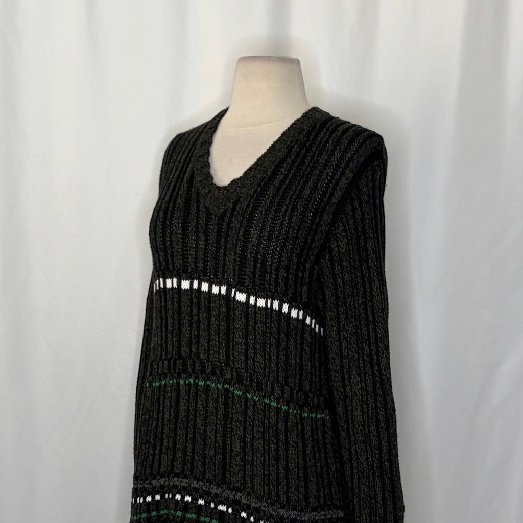 DRIES VAN NOTEN Green Striped Pullover Knit Sweater V Neck Medium