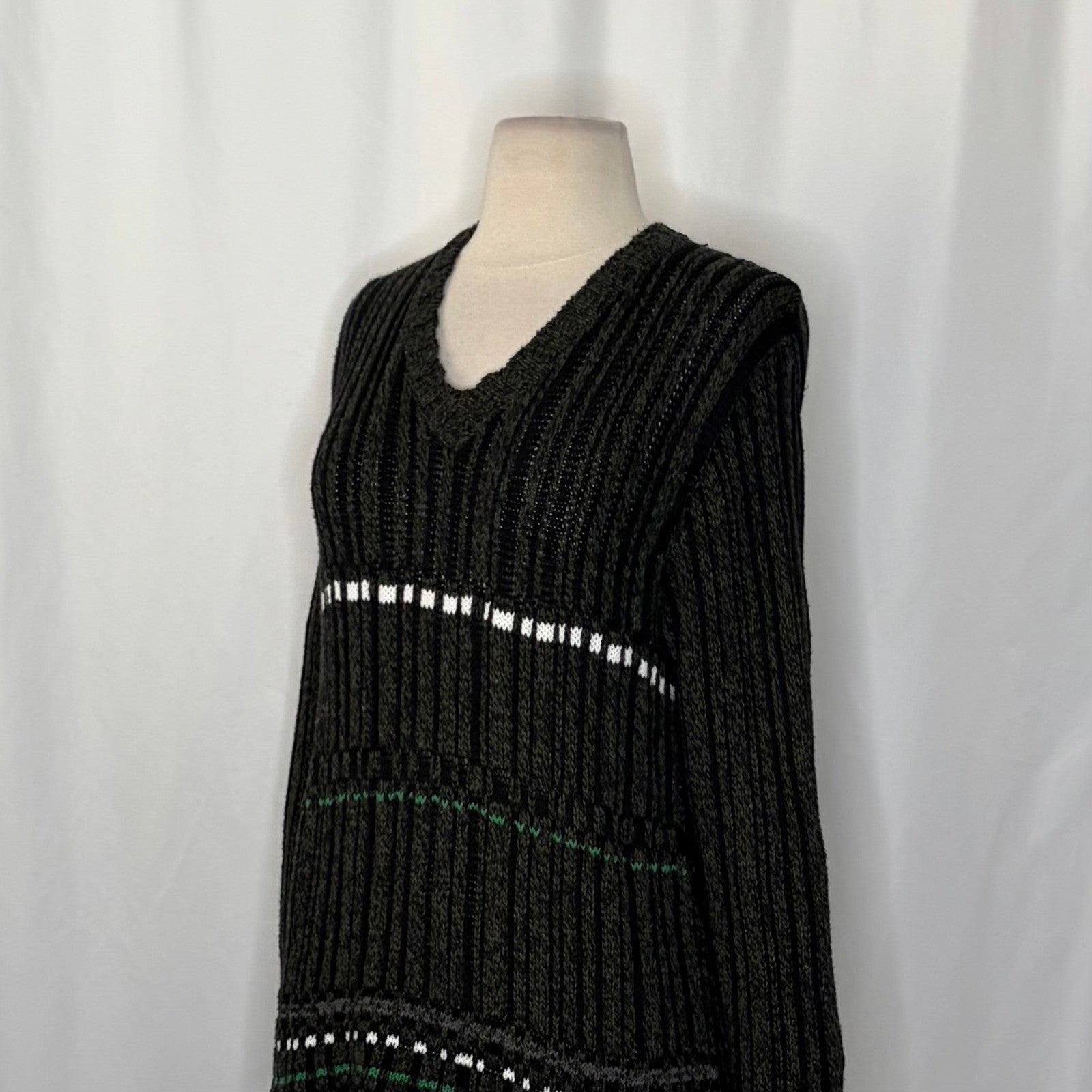 DRIES VAN NOTEN Green Striped Pullover Knit Sweater V Neck Medium