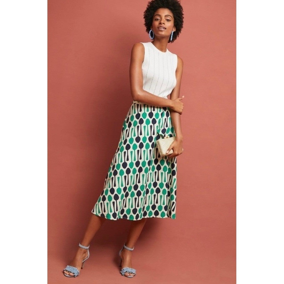 Anthropologie EVA FRANCO Spoons Print Midi Skirt Navy Blue Kelly Green Spoon 8