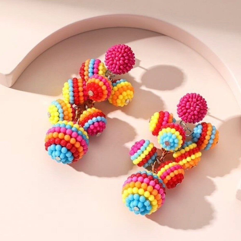 Colorful Beaded Ball Drop Earrings Multicolor Rainbow Festival Boho Resortwear