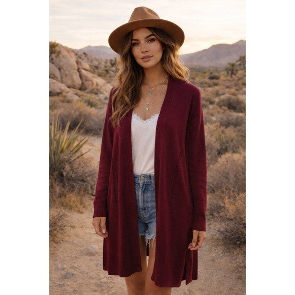 By ANTHROPOLOGIE Pointelle Long Cardigan Sweater Purple Burgundy Cottage Medium
