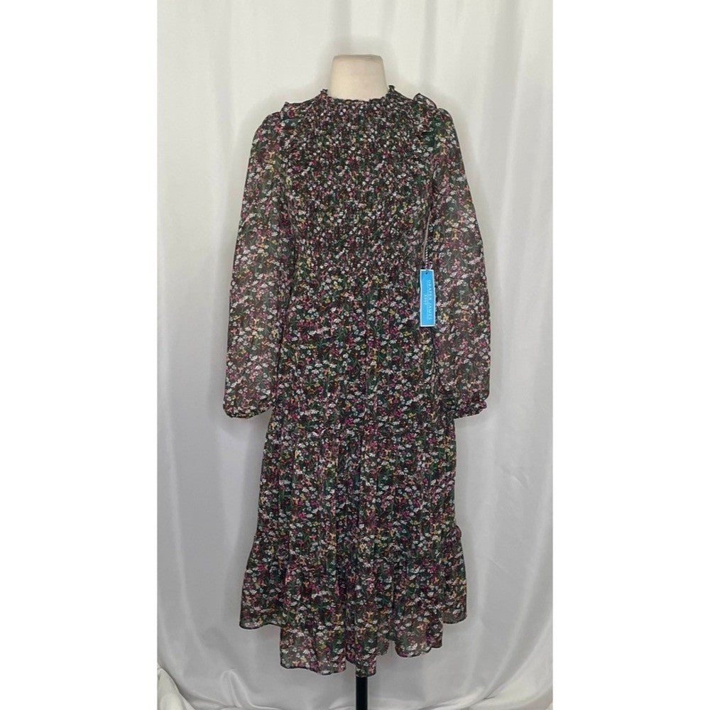 NWT!! DRAPER JAMES RSVP Green Floral Smocked Dress Midi Holidays Party X-Small