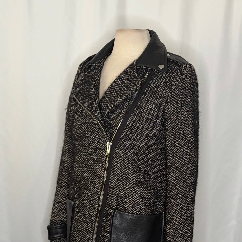 MAJE Ribiera Leather Tweed Coat Moto Inspired Pockets Zipper Size 38 US Medium