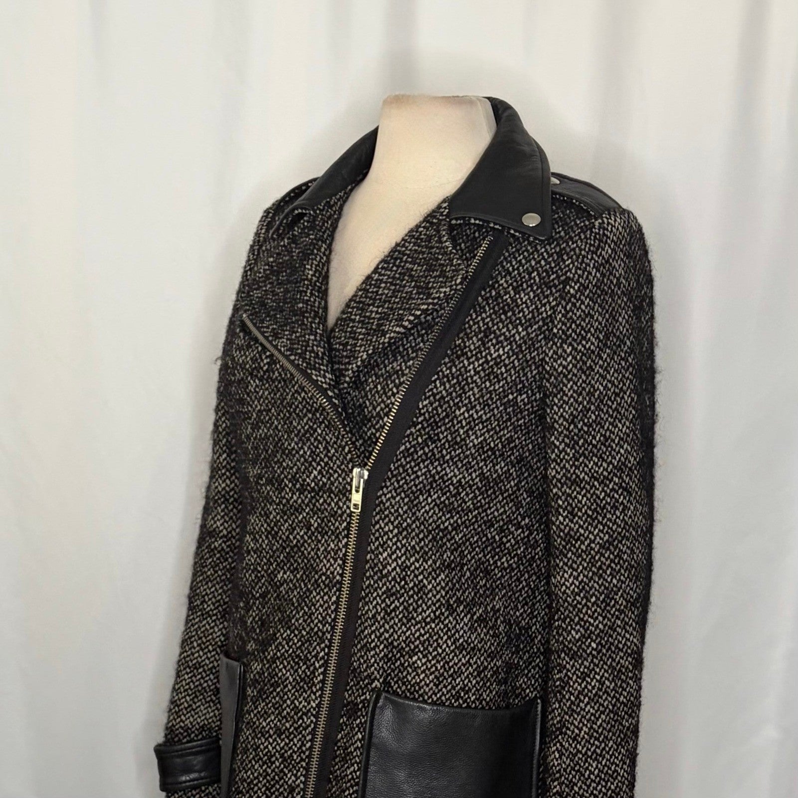 MAJE Ribiera Leather Tweed Coat Moto Inspired Pockets Zipper Size 38 US Medium
