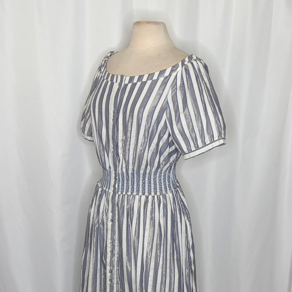 Anthropologie SEEN WORN KEPT Jenna Lurex Stripe Dress Blue White Midi Size 12