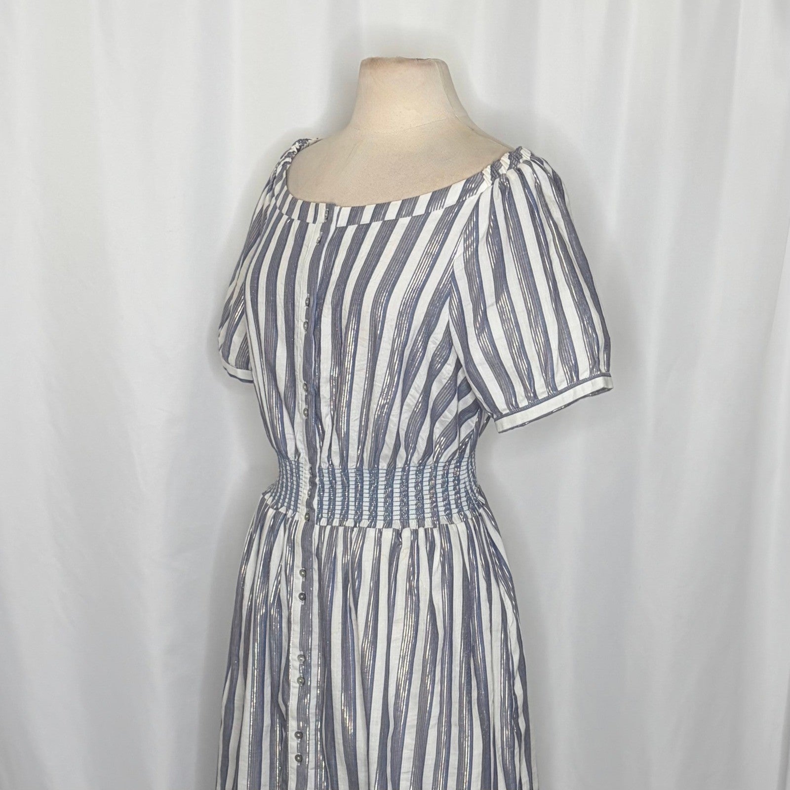 Anthropologie SEEN WORN KEPT Jenna Lurex Stripe Dress Blue White Midi Size 12