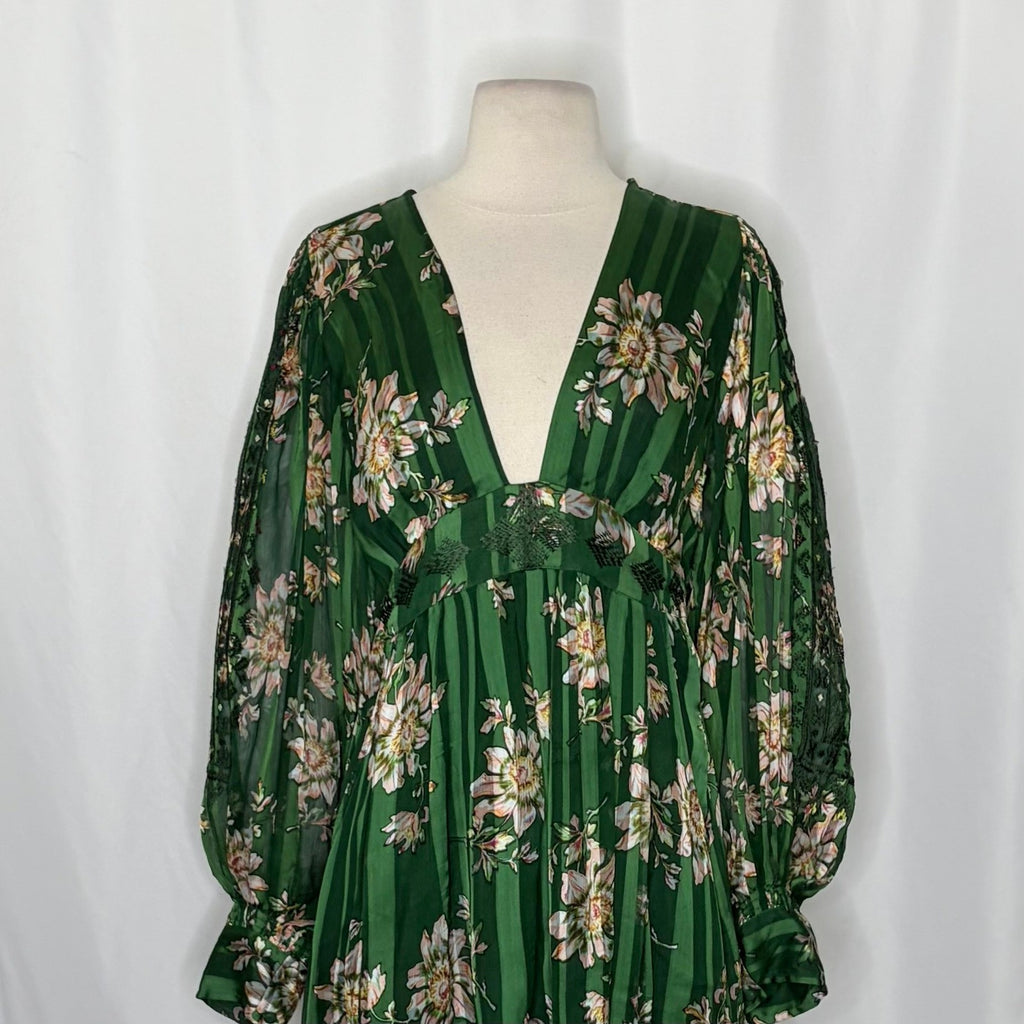 New Romantics FREE PEOPLE Midnight Blooms Dress Green Floral Embroidered Small