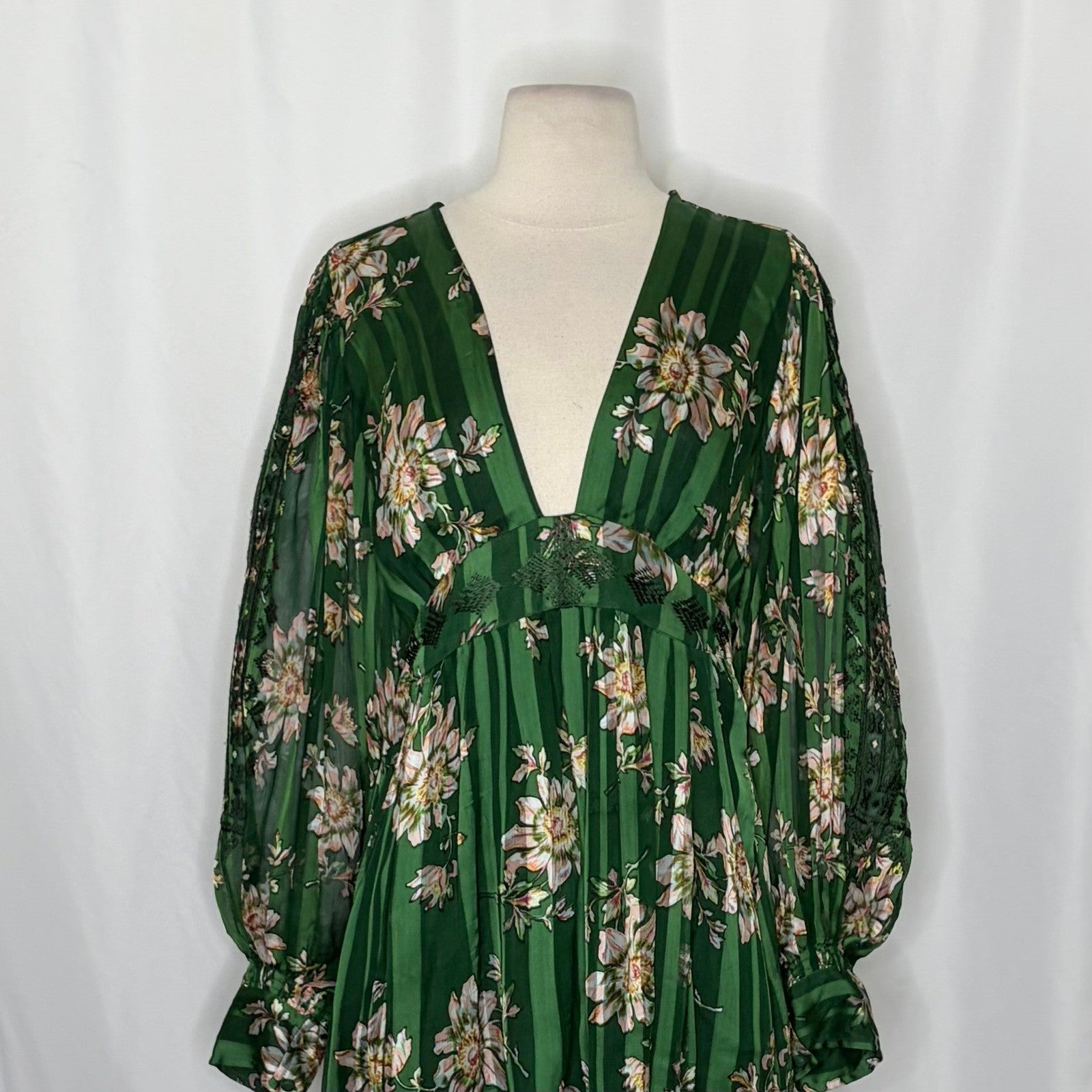 New Romantics FREE PEOPLE Midnight Blooms Dress Green Floral Embroidered Small