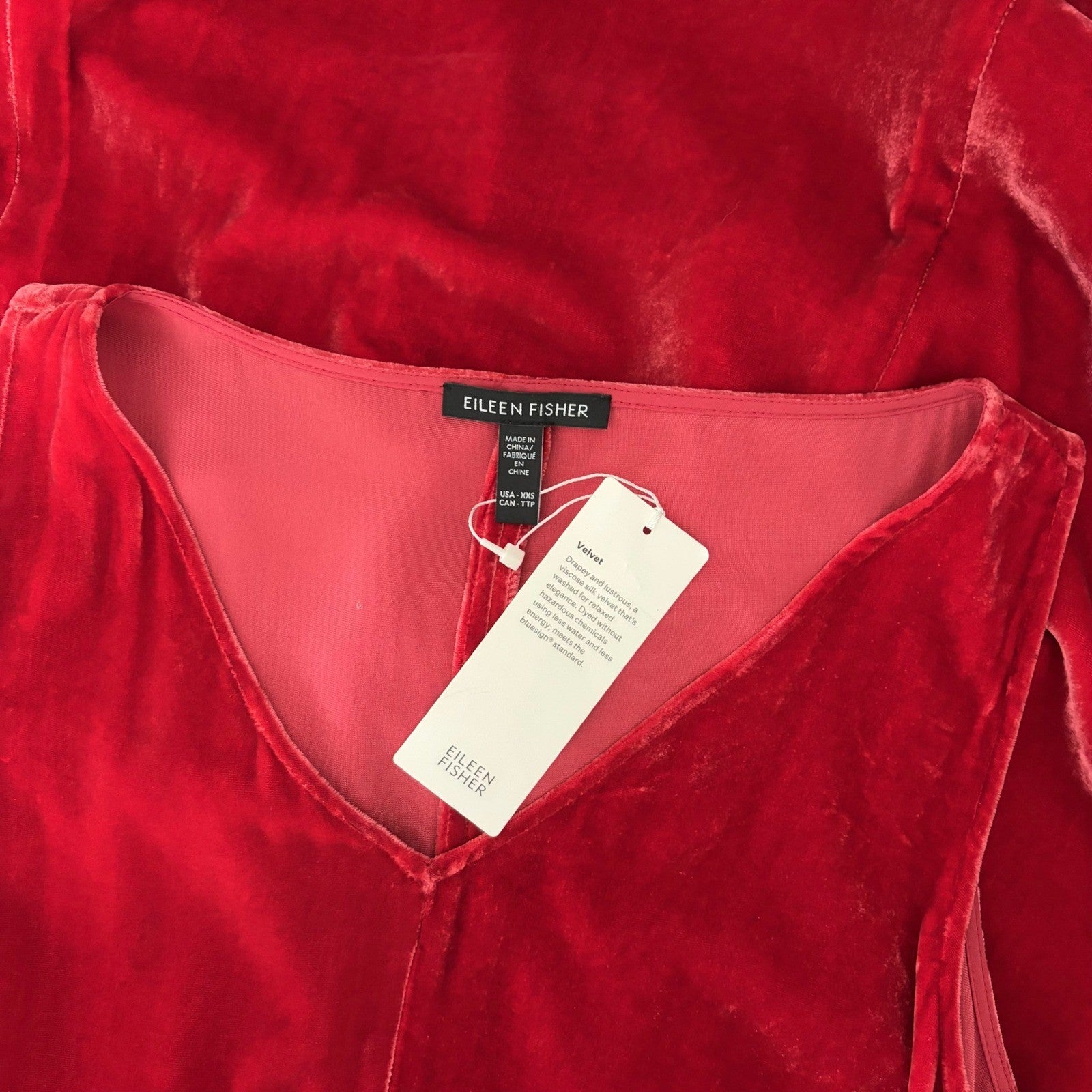 NWT!! EILEEN FISHER Red Scarlet Velvet Silk V Neck Midi Dress A-Line Preppy XXS