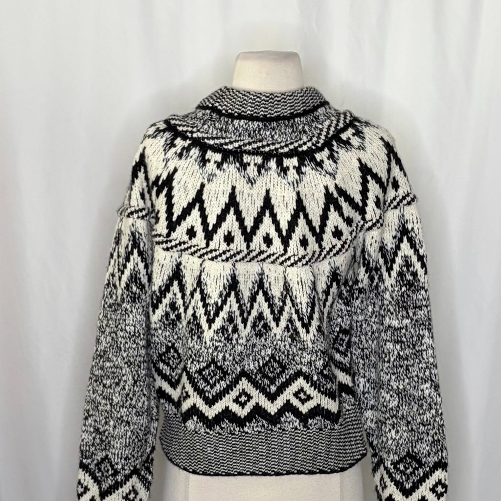ZARA Nordic Fairisle Jacquard Sweater Black White Fair Isle Knit Pullover Medium