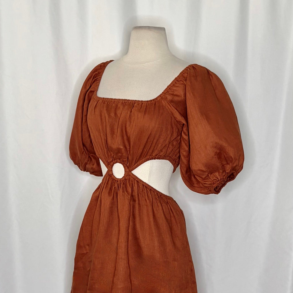 Revolve FAITHFULL THE BRAND Almero Linen Dress Brown Plain Spice Party X-Small