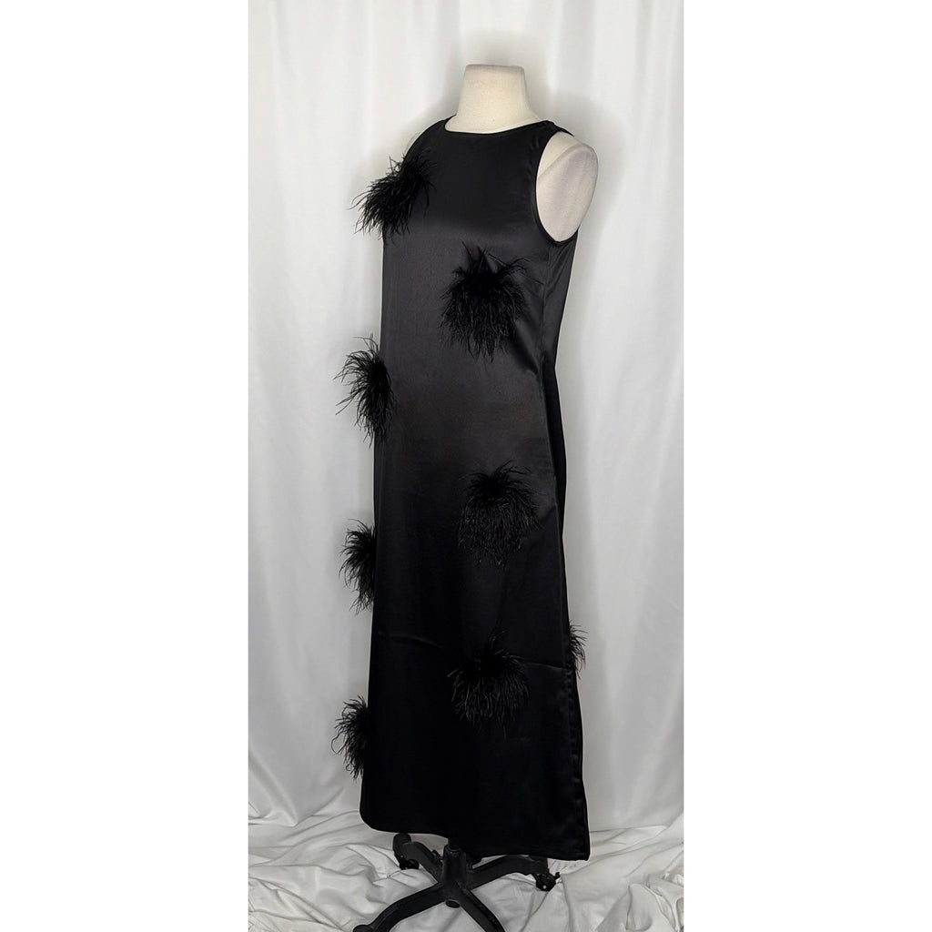 NWT!! FRANCES VALENTINE Feather Maxi Dress Solid Black Party Cocktails Small