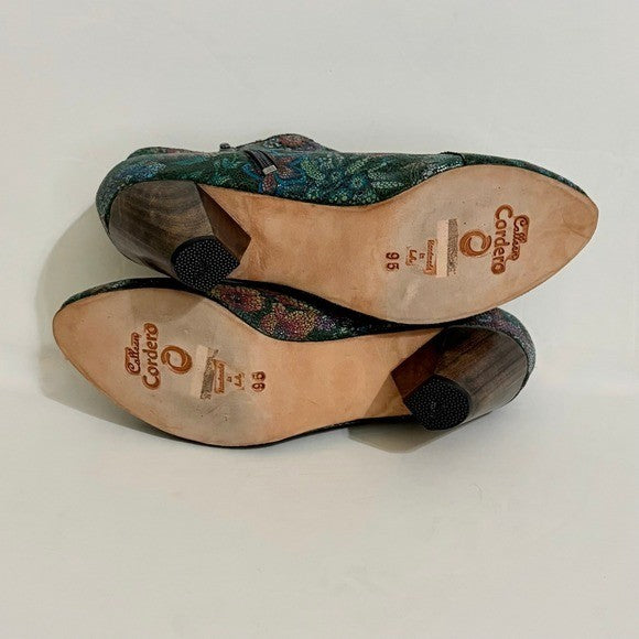CALLEEN CORDERO Leather Green Floral Print Ankle Boots Booties Chunky Heels 9.5