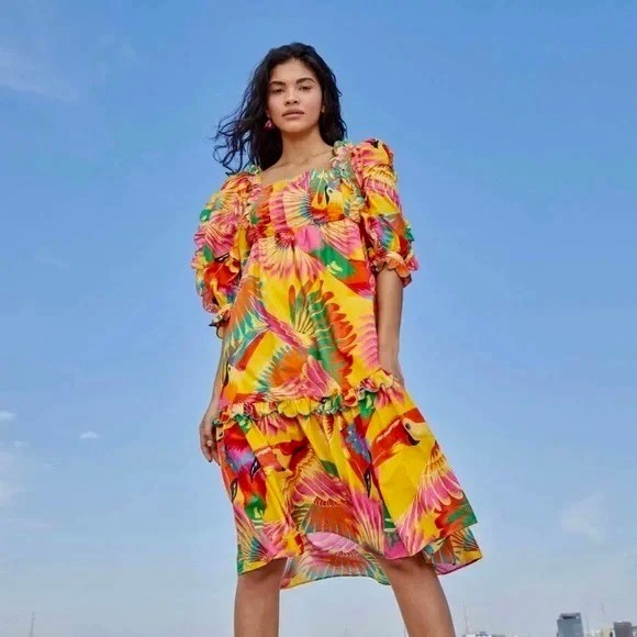 FARM RIO Colorful Toucans Scallops Midi Dress Birds Vacation Embroidered X-Large