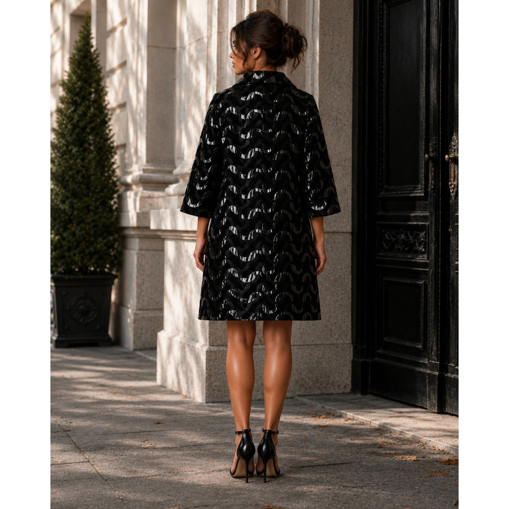DESIGUAL Black Silver Jacquard Coat Pockets Embellished Buttons Chic 44 / Large