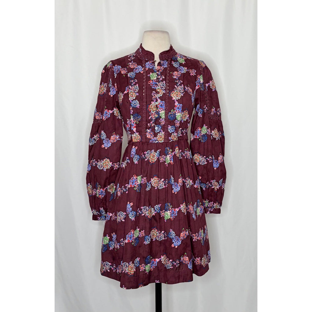 BY ANTHROPOLOGIE Mini Tunic Long Sleeve Dress Floral Lace Trims Purple X-Small