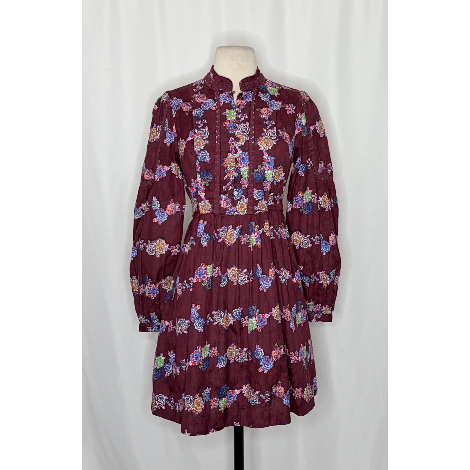 BY ANTHROPOLOGIE Mini Tunic Long Sleeve Dress Floral Lace Trims Purple X-Small
