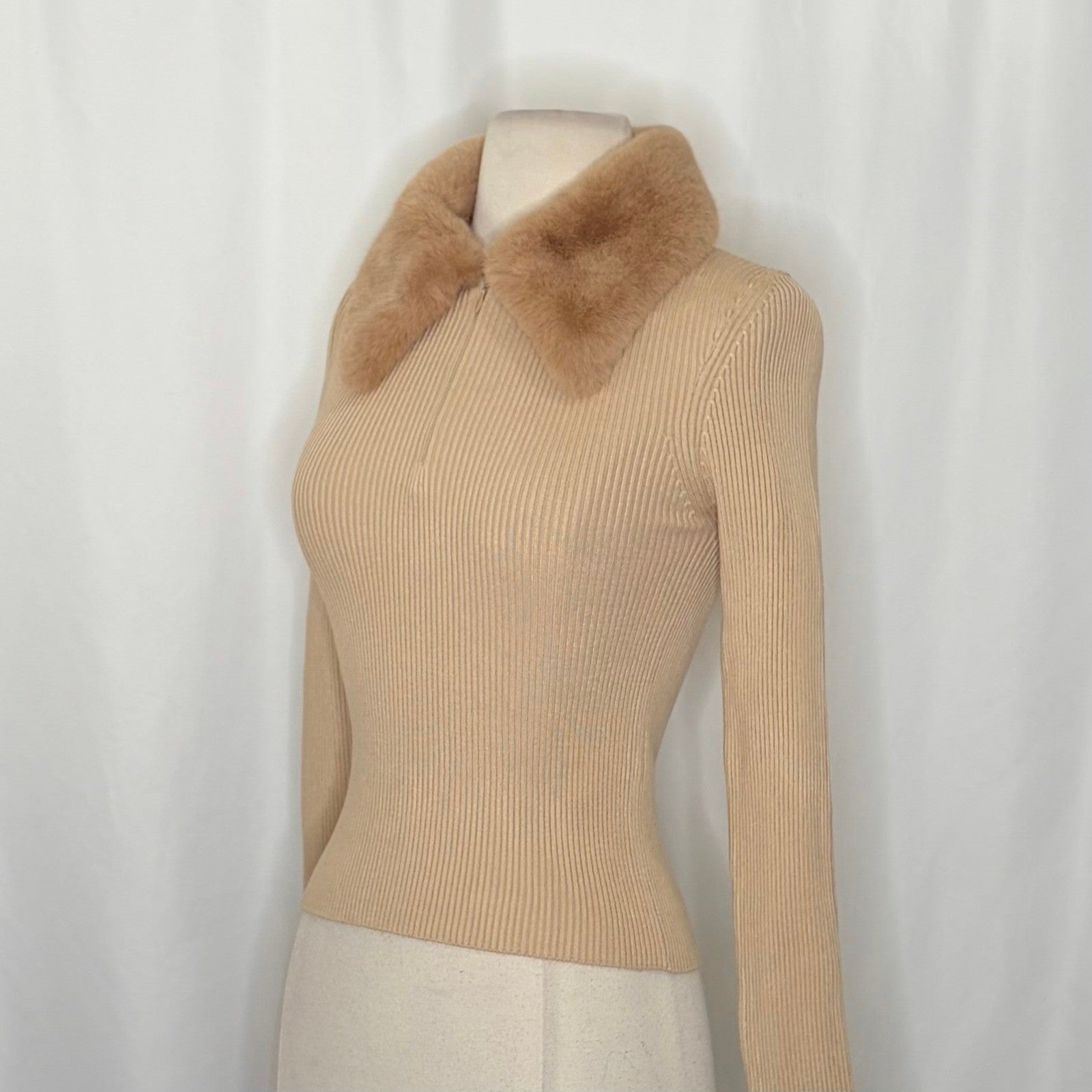 NWT!! ZARA Faux Fur Lapel Knit Sweater Tan Light Brown Zipper Pullover Small