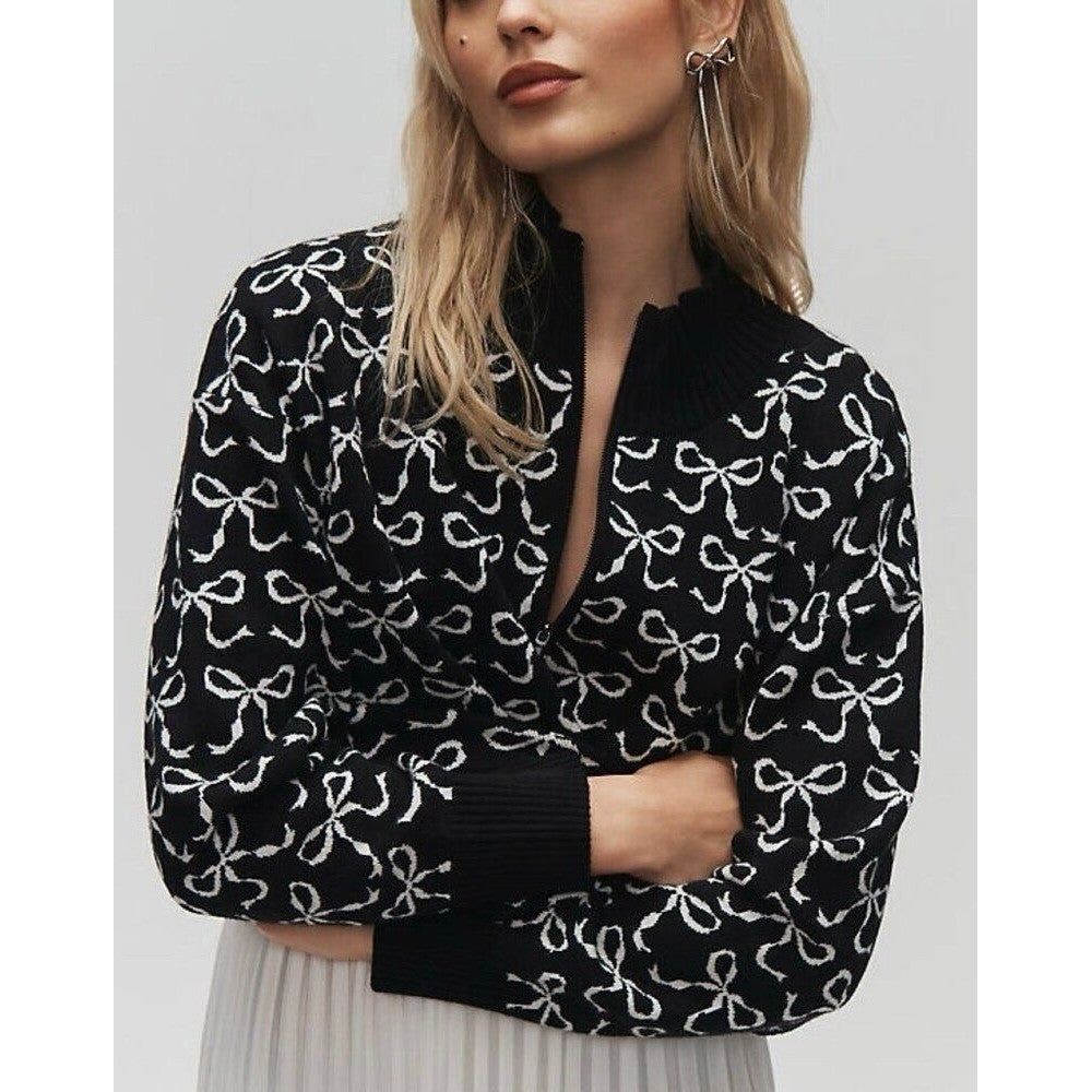 Anthropologie MAEVE Montana Bow Print Sweater Knit Mock Neck Half Zip Large