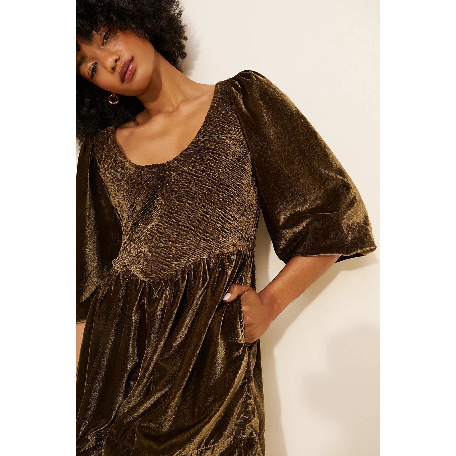 NWT!! FREE PEOPLE Farrier Velvet Mini Dress Smocked Solid Brown Bear Mini Medium