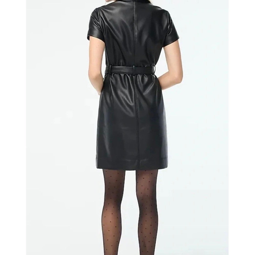 NWT!! J. CREW Solid Black Button Front Faux Leather Dress Belted Vegan Small