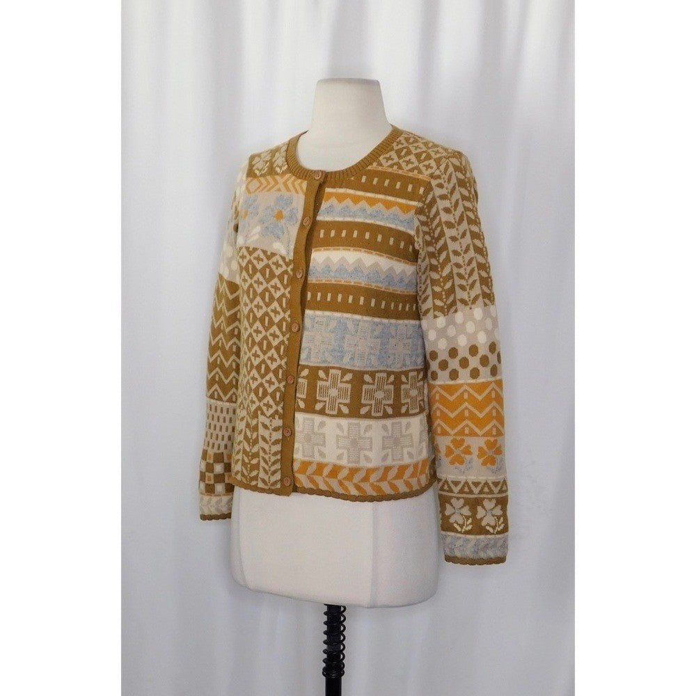 GUDRUN SJODEN Floral Patchwork Cardigan Sweater Wool Buttons Retro X-Small