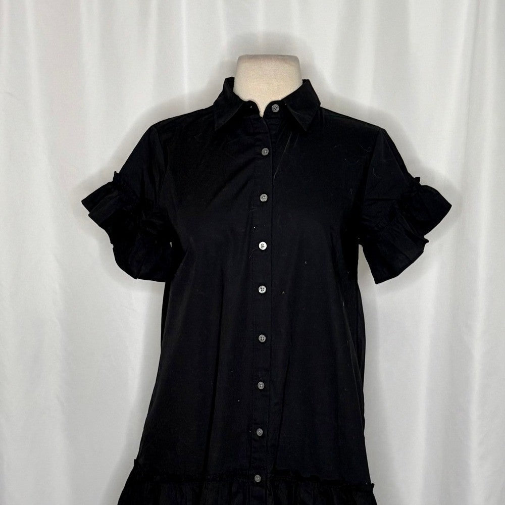 NWT!! J. CREW Factory Ruffle Sleeve Mini Shirtdress Solid Black 2P 2 Petite