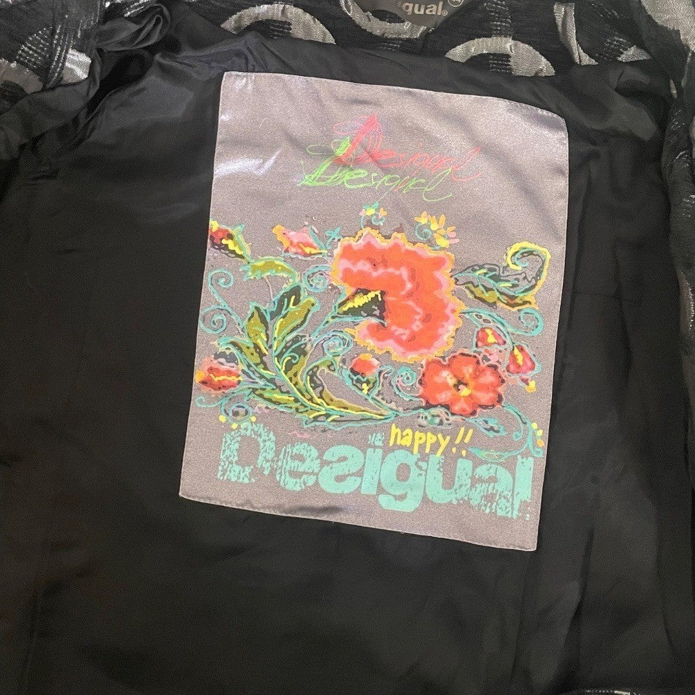 DESIGUAL Black Silver Jacquard Coat Pockets Embellished Buttons Chic 44 / Large