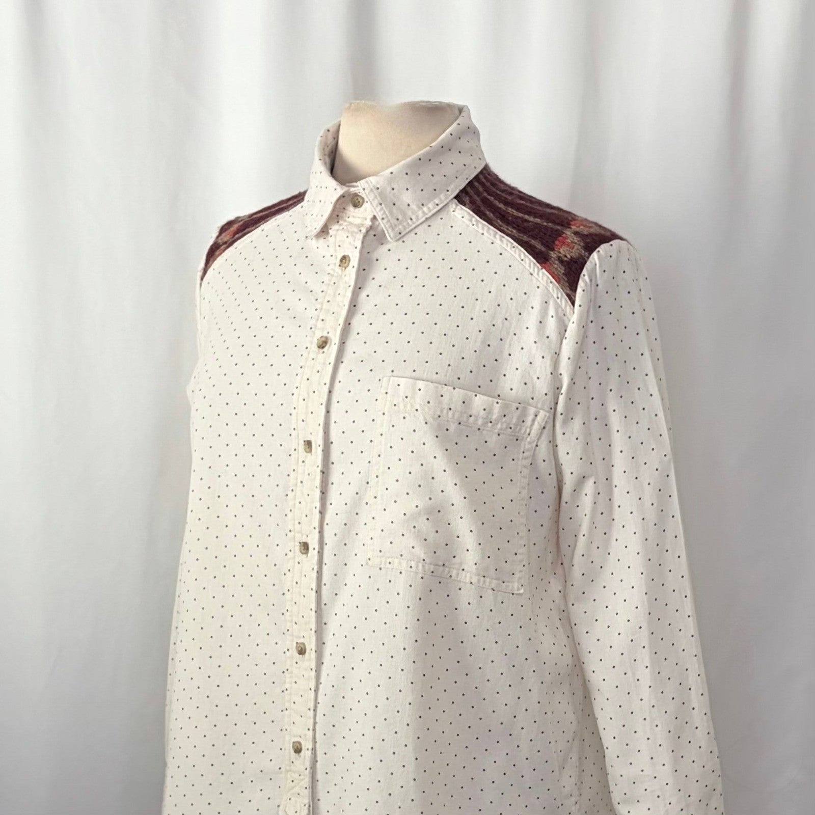 FREE PEOPLE Mixed Media Sage Buttondown Shirt Wool Western Polka Dot Medium