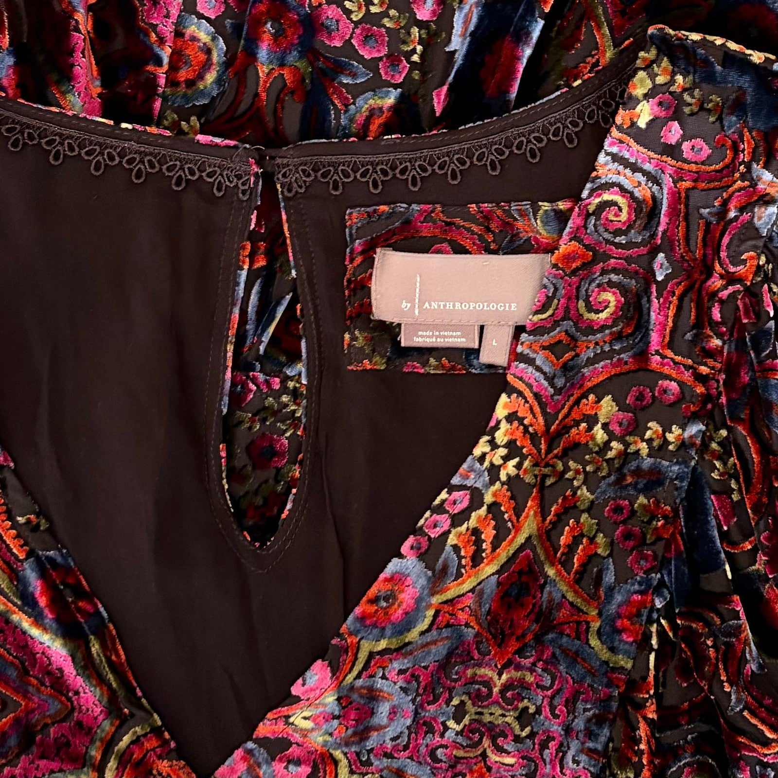 By ANTHROPOLOGIE Mona Floral Burnout Velvet Mini Dress Pockets Party Large