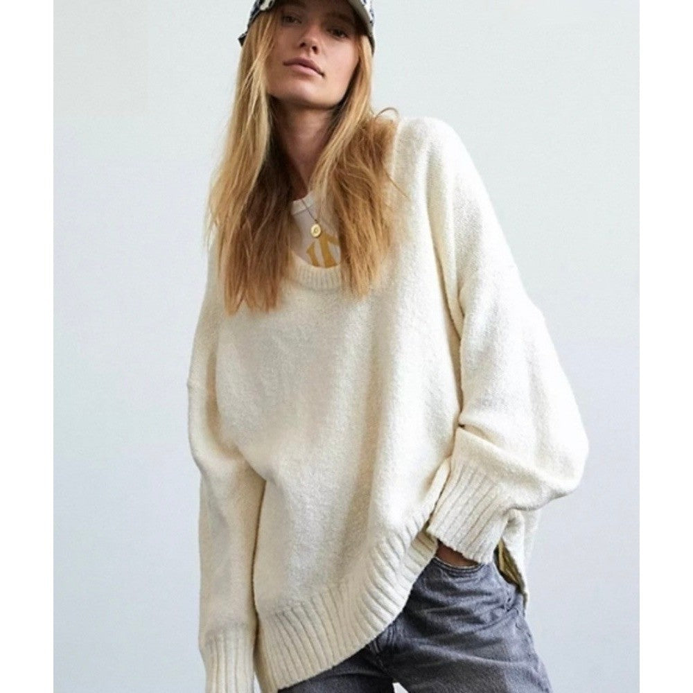 FREE PEOPLE Brookside Tunic Sweater Ivory Slouchy Solid Knitwear Scoop Large
