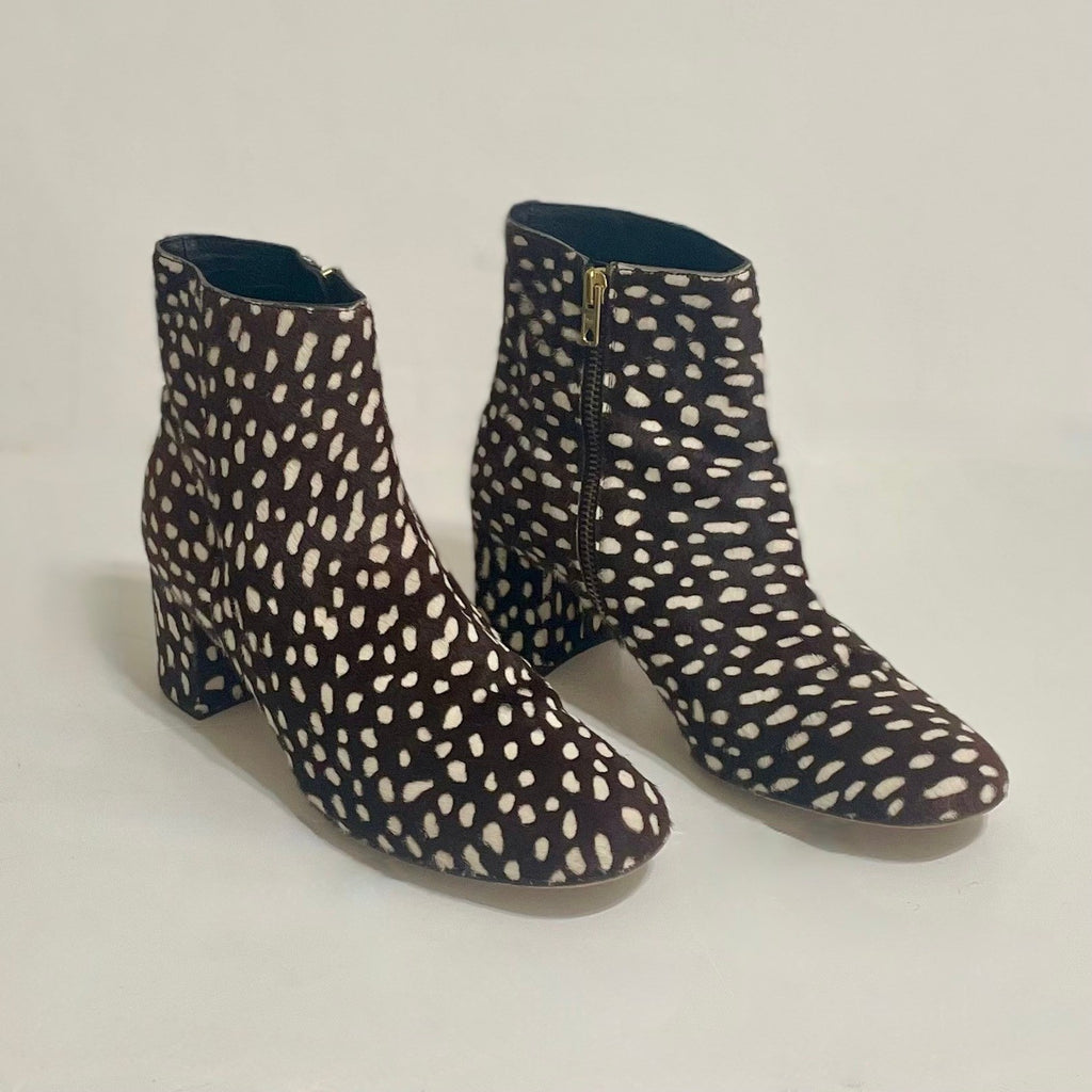 J. CREW Side Zip Ankle Boots Leopard Calf Hair Leather Spotted Zippers Size 8.5