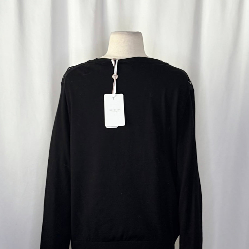 NWT!! TED BAKER London Ellenii Circle Fringe Lace Knit Cardigan Black Size 5 XL