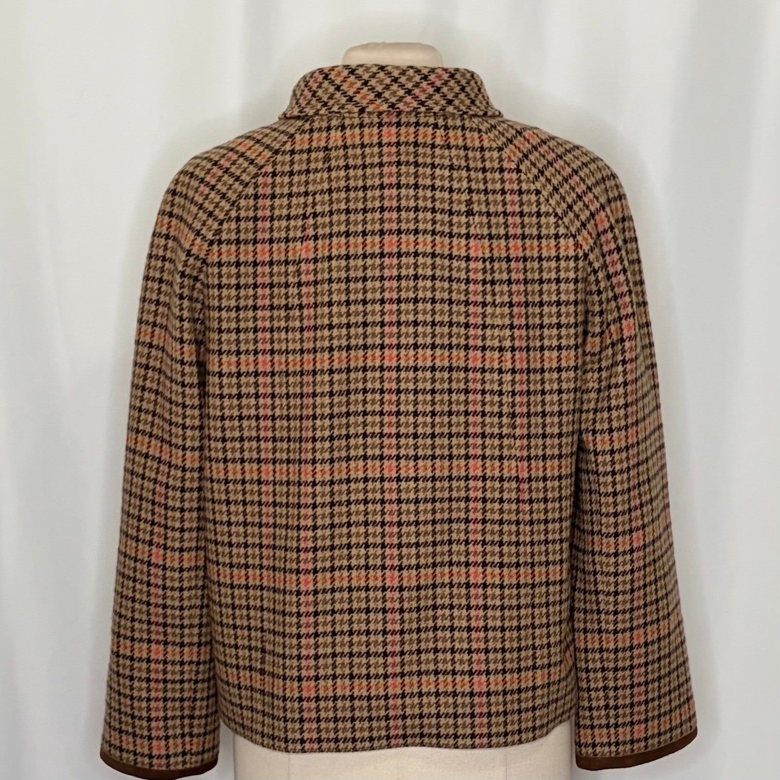 FACONNABLE Wool Plaid Jacket Coat Suede Trims Preppy Academia Swingy Medium
