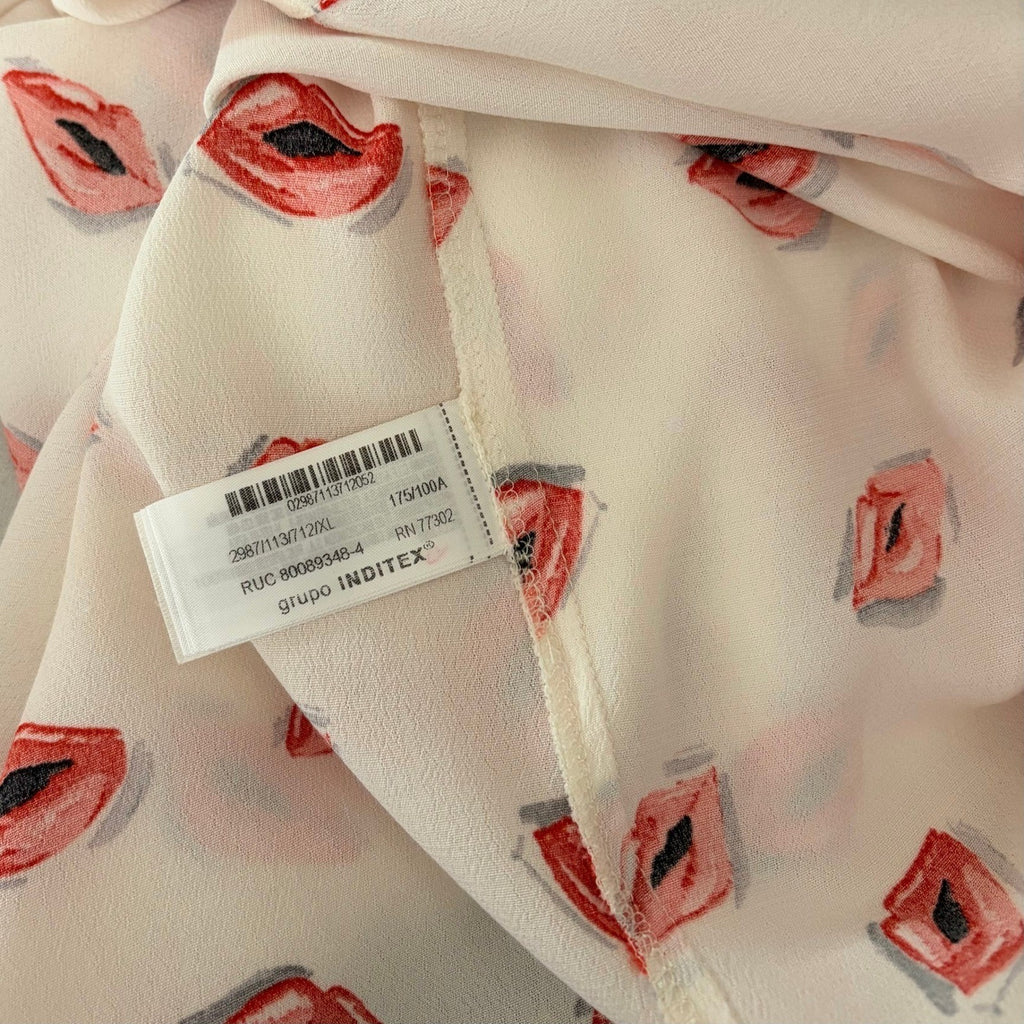 ZARA ZW Collection White Pink Lips Print Buttondown Top Blouse Lipstick X-Large