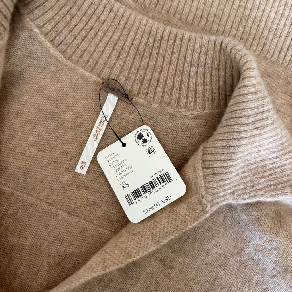 NWT!! FREE PEOPLE Eloura Cashmere Henley Sweater Solid Light Brown Tan X-Small