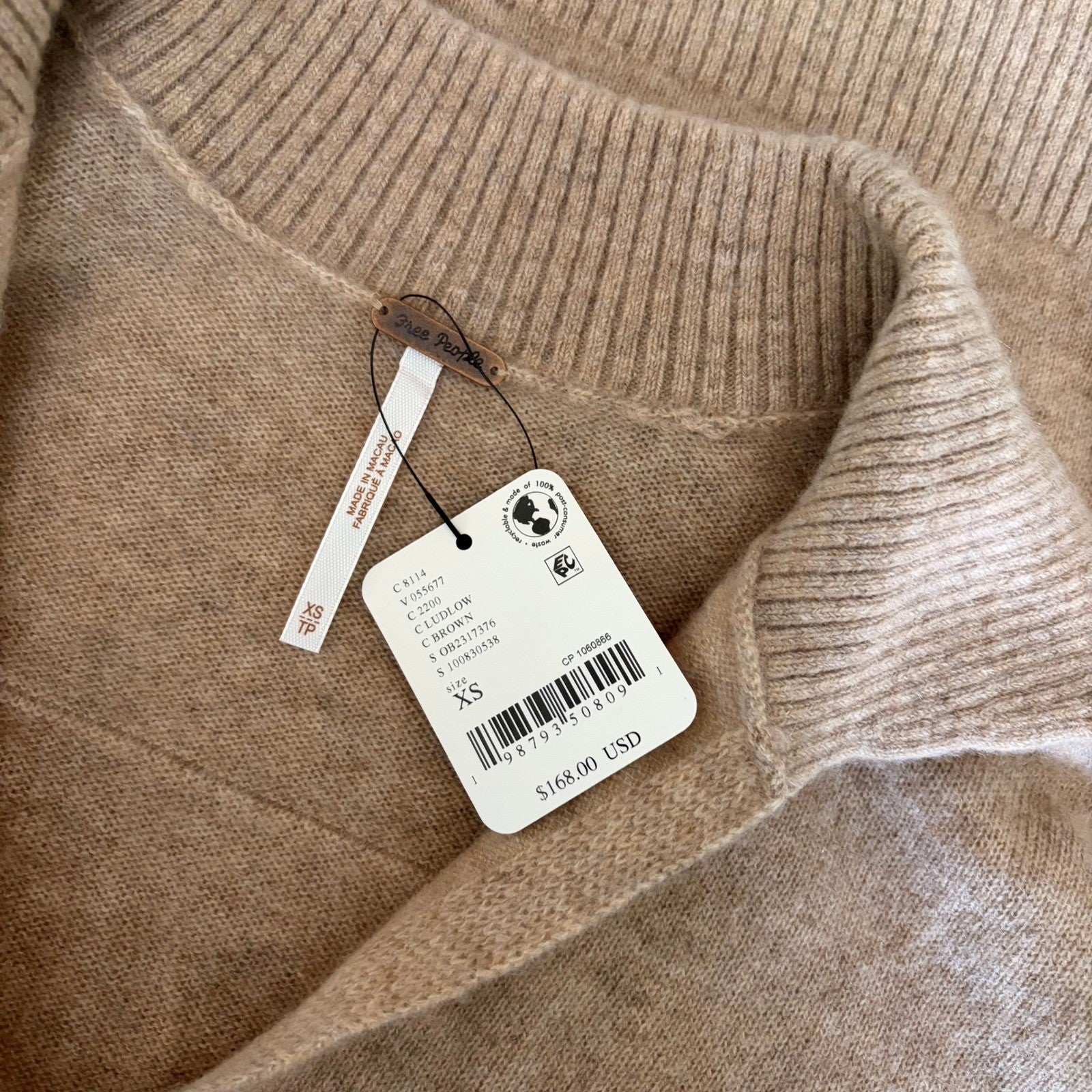 NWT!! FREE PEOPLE Eloura Cashmere Henley Sweater Solid Light Brown Tan X-Small