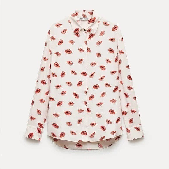ZARA ZW Collection White Pink Lips Print Buttondown Top Blouse Lipstick X-Large