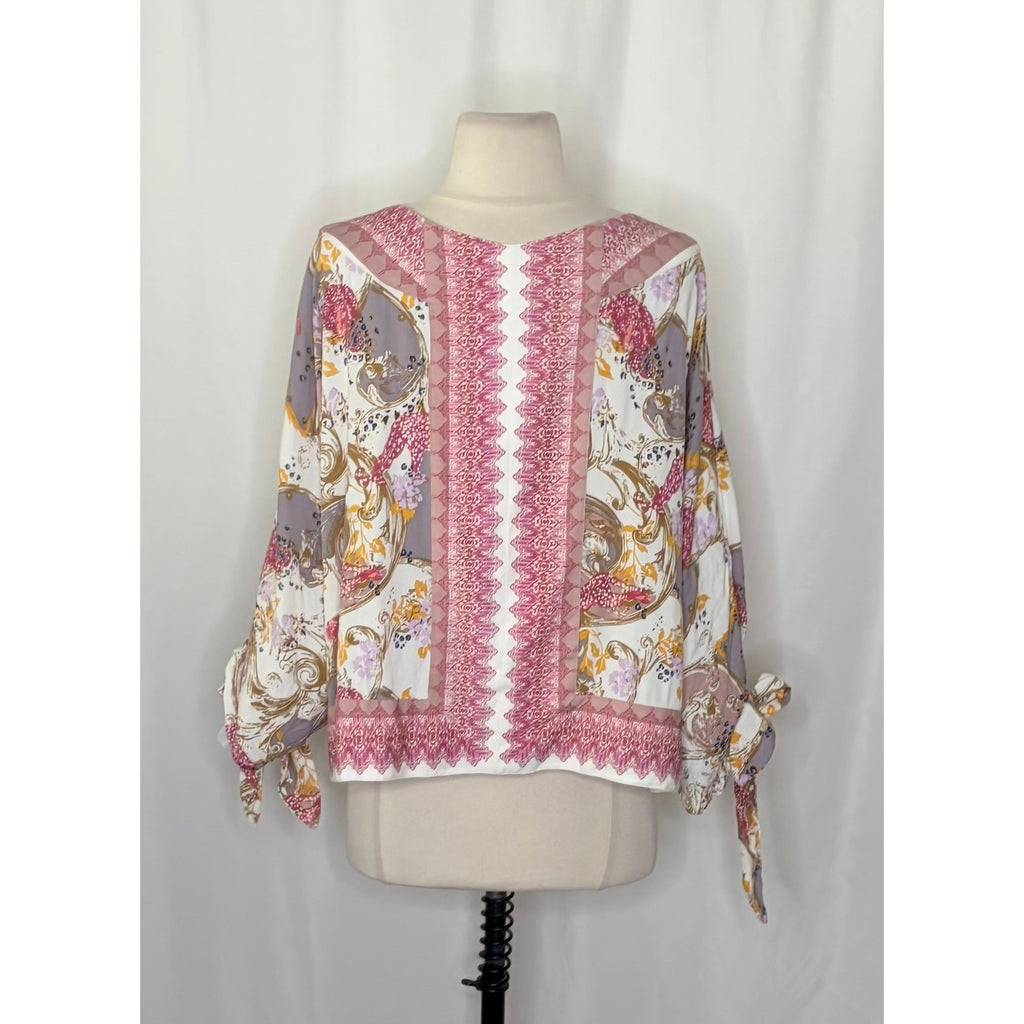 FREE PEOPLE Catch Me If You Can Top Blouse Boho Floral Tie Sleeves Pink Small