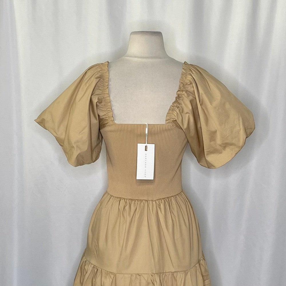 NWT! ENDLESS ROSE Mix Media Mini Dress Latte Brown Puff Sleeves Corset Bodice XS