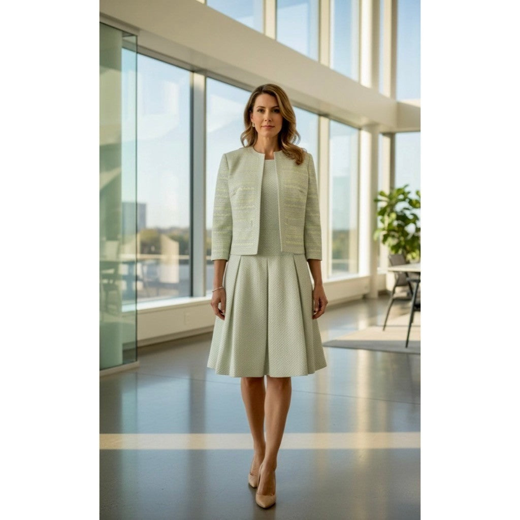 HELENE BERMAN Two Piece Set Blazer Dress Green Metallic Jacquard Size 8