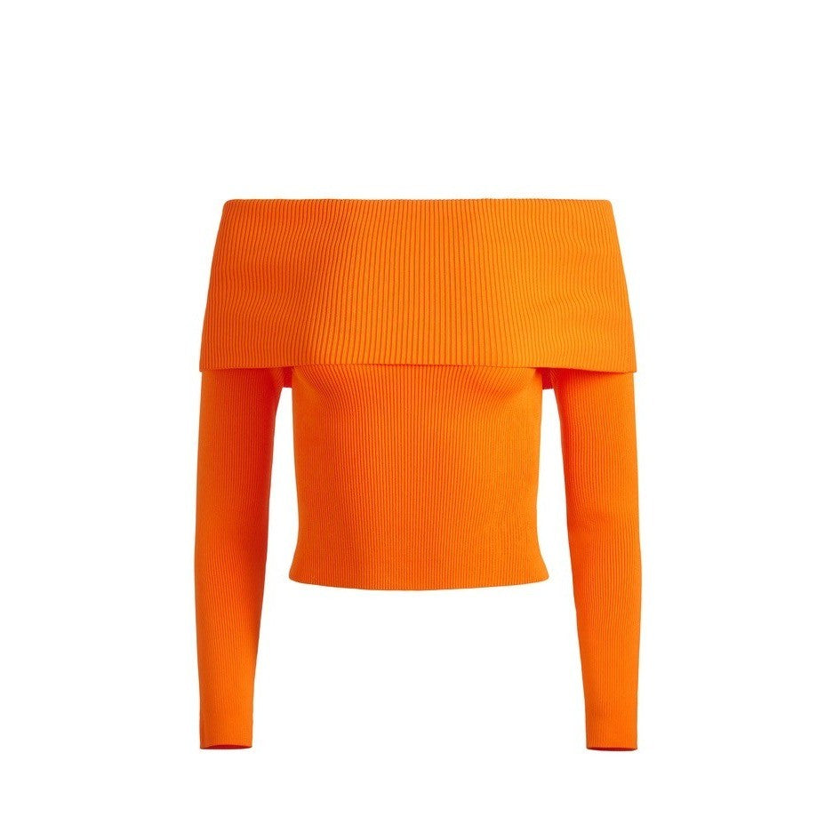 ALICE + OLIVIA Dolan Pullover Orange Blaze Knit Off The Shoulder Sweater Small