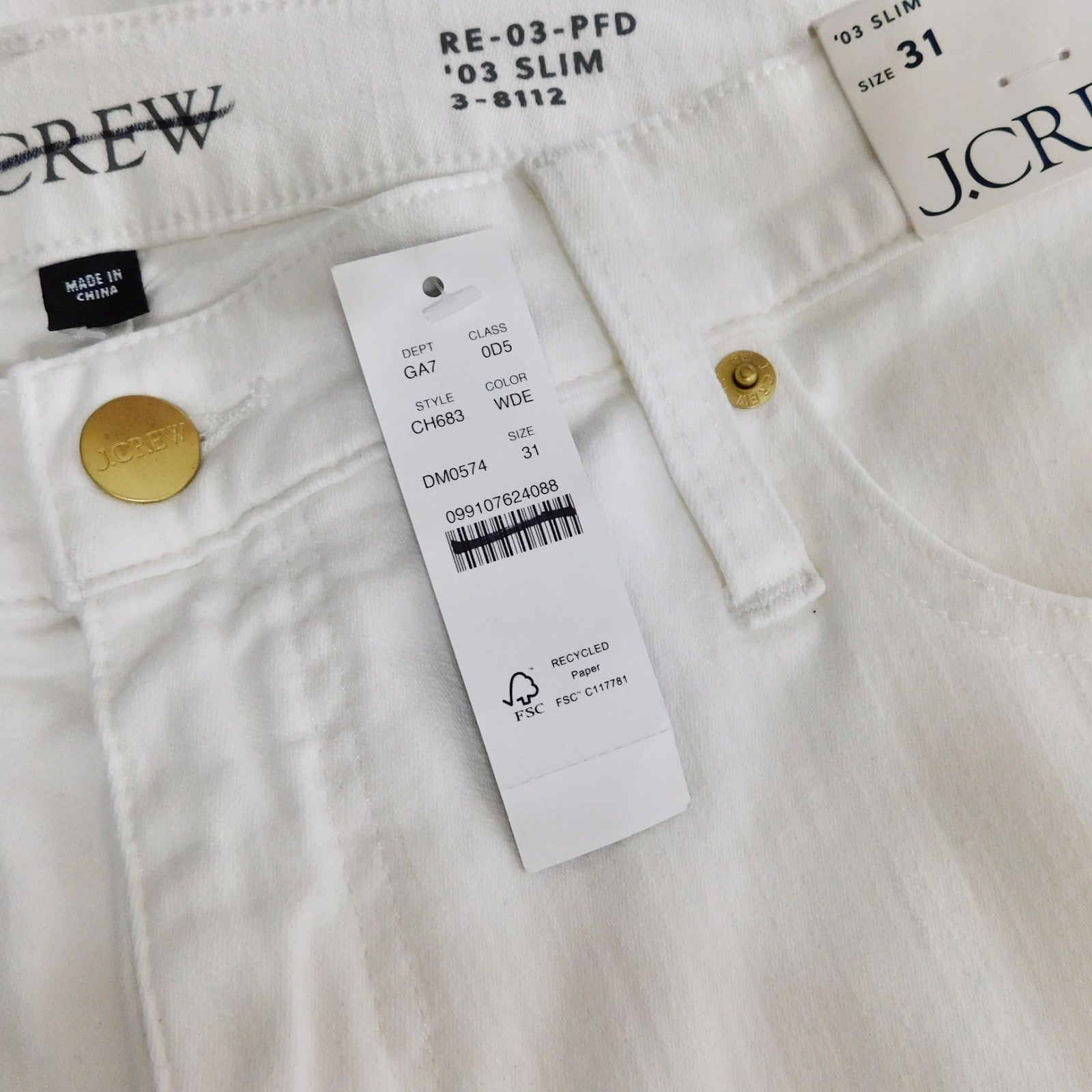 NWT!! J. CREW White Slim Jeans '03 2003 Stretch Solid White High Rise Size 31