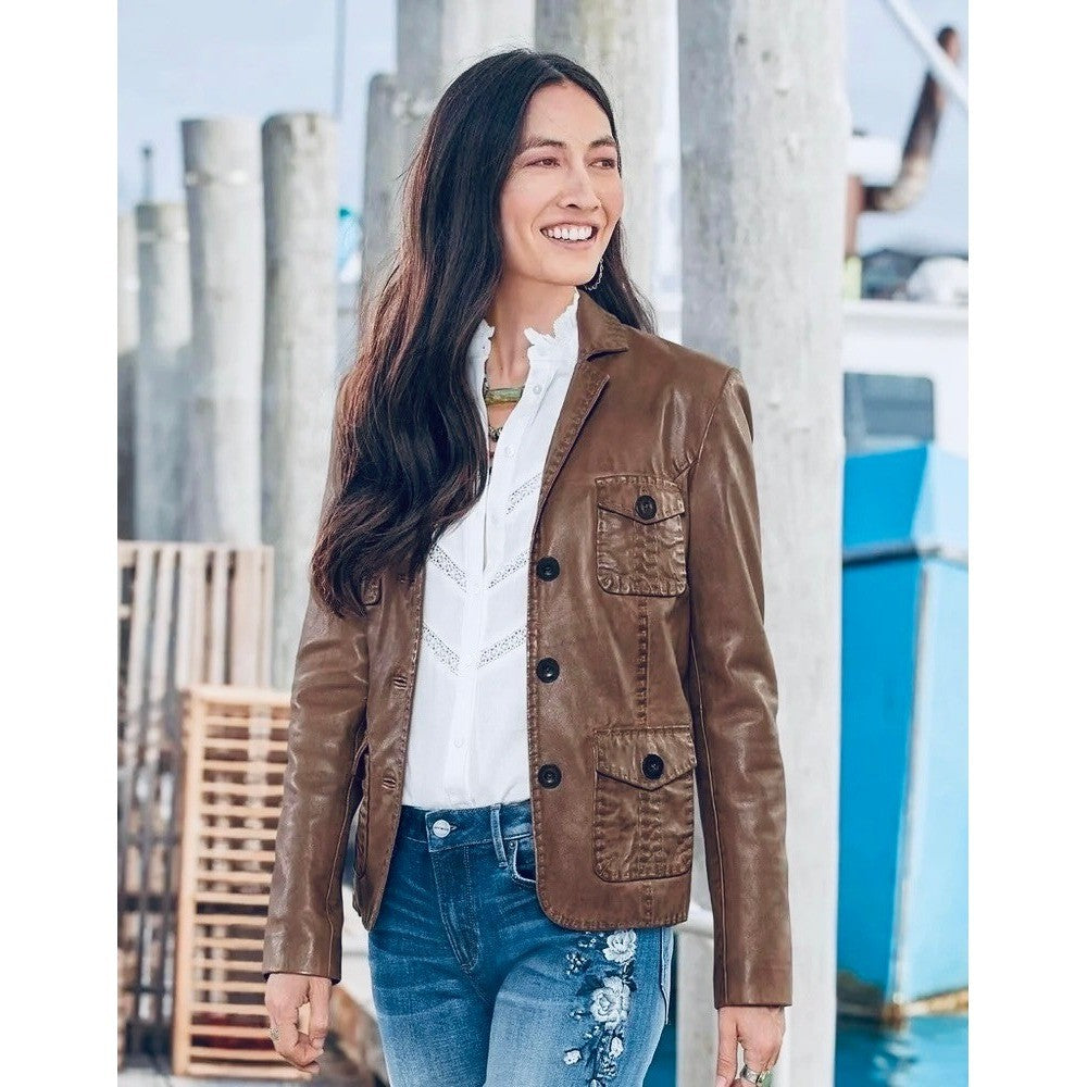 SUNDANCE McKenna Leather Blazer Jacket Honey Brown Floral Lining Boho Medium