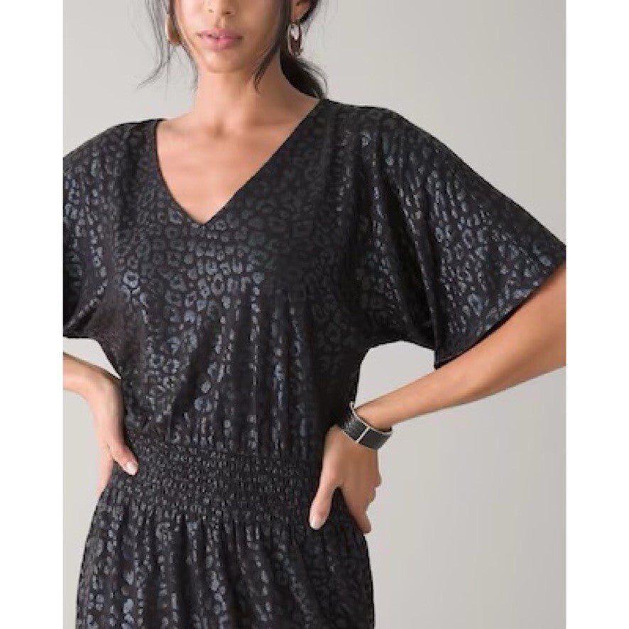 NWT!! WHBM Kimono Sleeve Smocked Waist Dress Leopard Foil Mini Animal X-Small