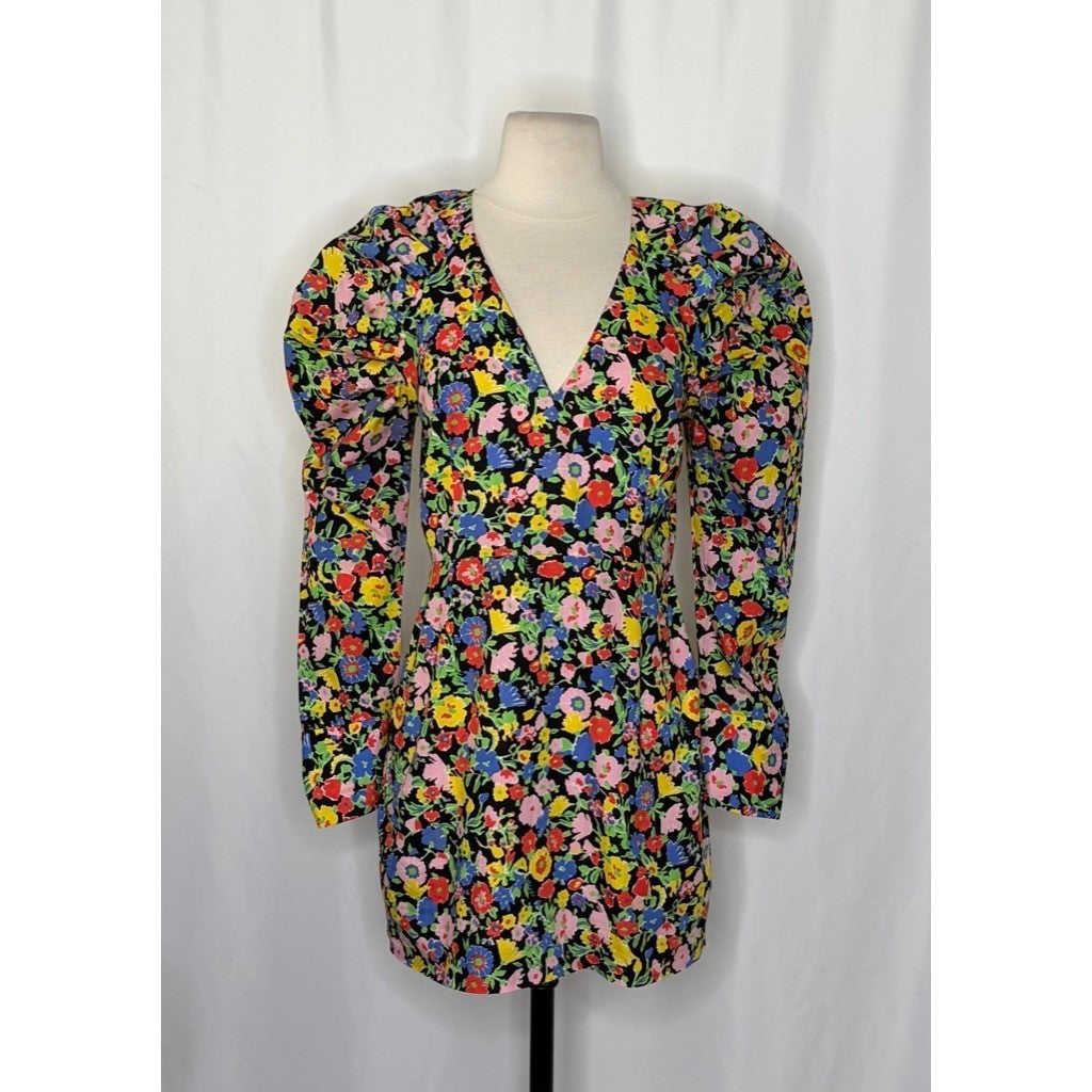 ZARA Bright Floral Mini Dress Statement Puffed Sleeves Spring Summer Black Small