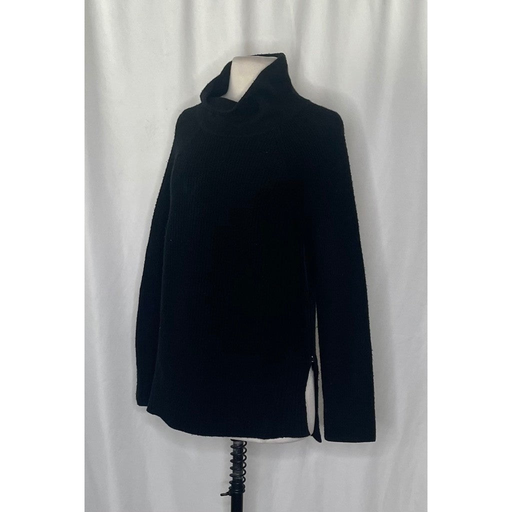 VINCE Cashmere Wool Ribbed Cowl Turtleneck Sweater Side Zipper Solid Black Small