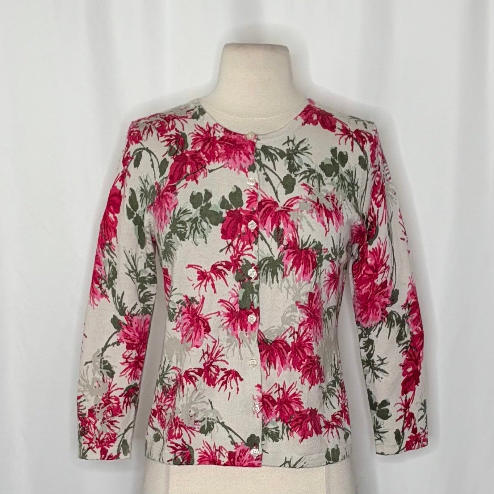 NEW!! GARNET HILL Merino Wool Cardigan Sweater Floral Gray Pink Preppy Small
