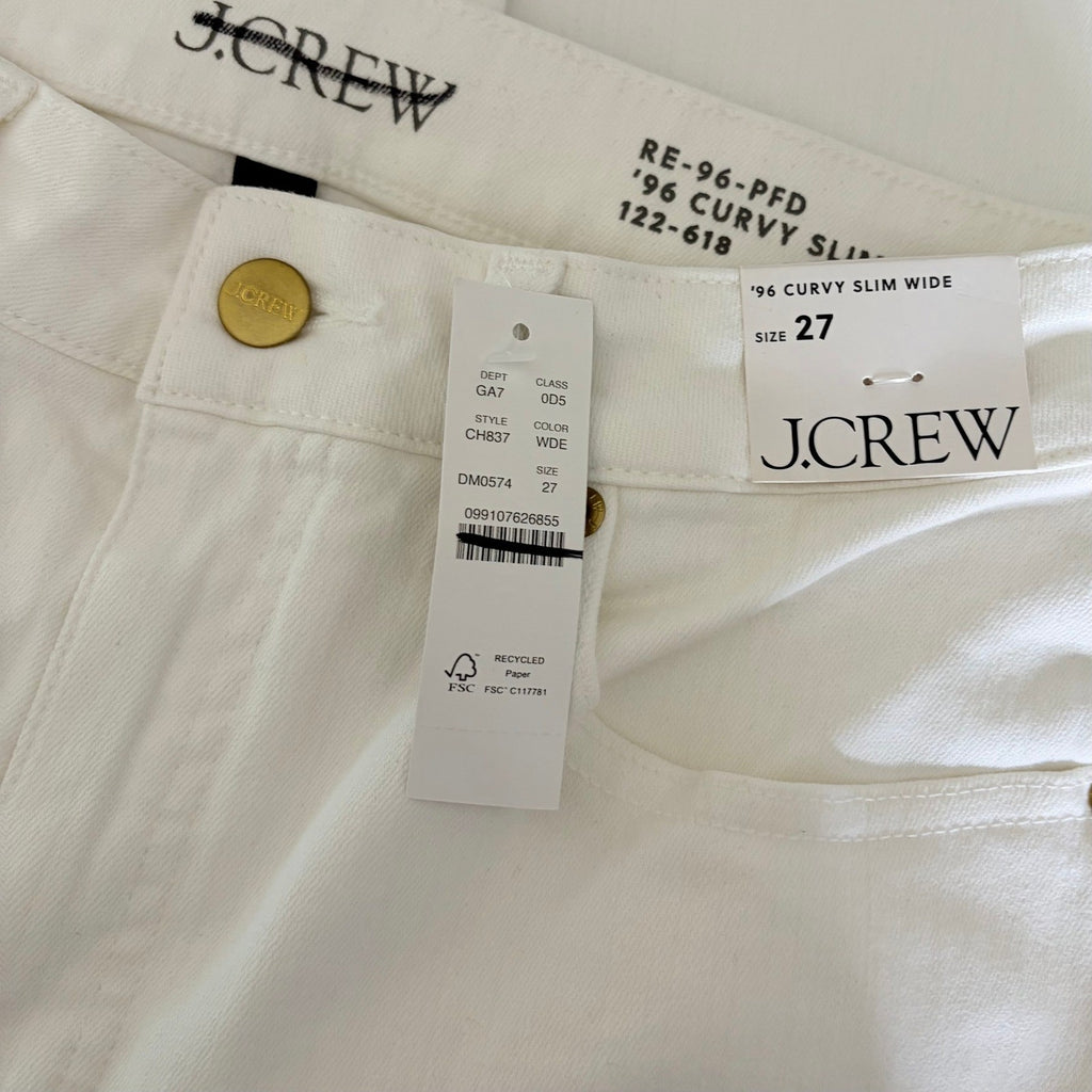 NWT!! J. CREW Curvy Slim Wide Denim Jeans Solid White Raw Hems Stretch Size 27