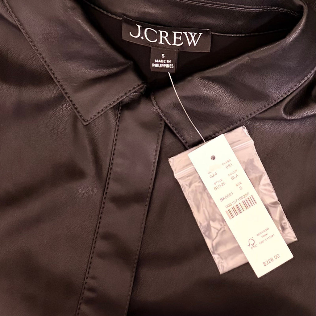 NWT!! J. CREW Solid Black Button Front Faux Leather Dress Belted Vegan Small